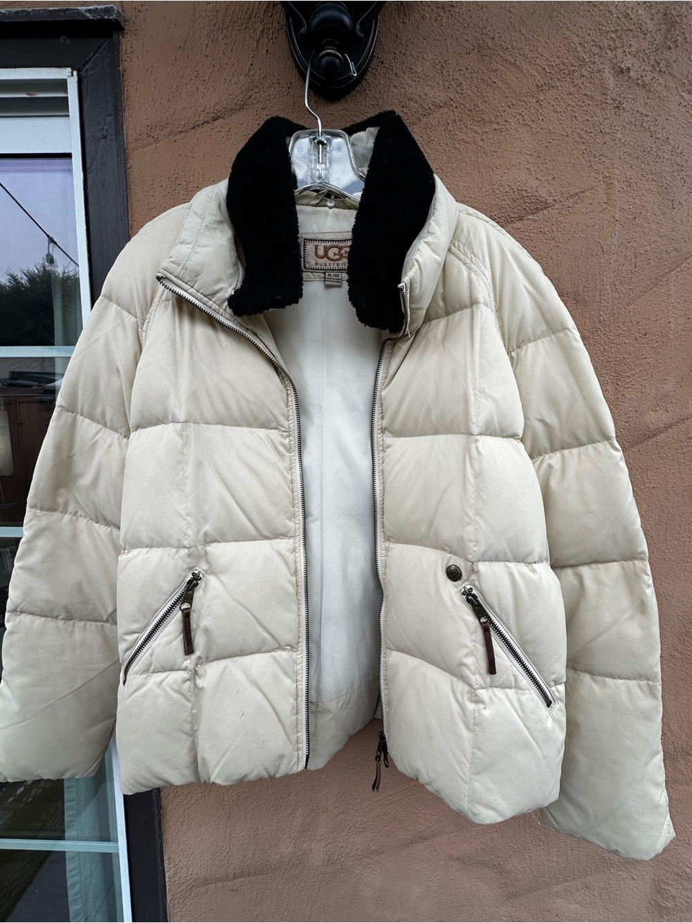 UGG Women's Cream Quilted Puffer Jacket with Black Collar Trim